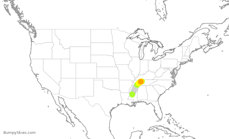 Turbulence forecast map for SWA1991, JAN to BNA