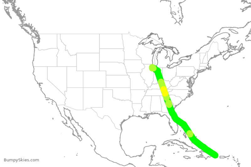 Turbulence forecast map for SWA1999, PUJ to MDW