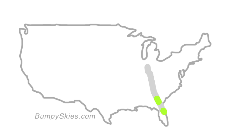 Map of continental US with illustrated flight path and turbulence forecast (described in text below)