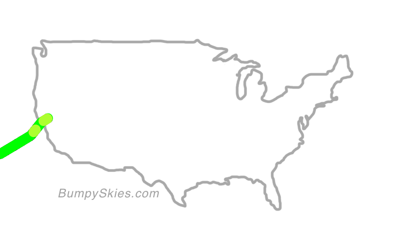 Map of continental US with illustrated flight path and turbulence forecast (described in text below)