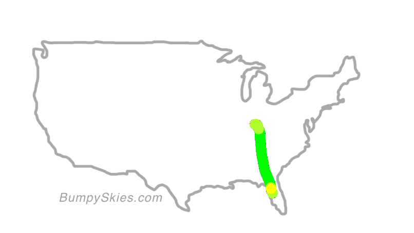 Map of continental US with illustrated flight path and turbulence forecast (described in text below)