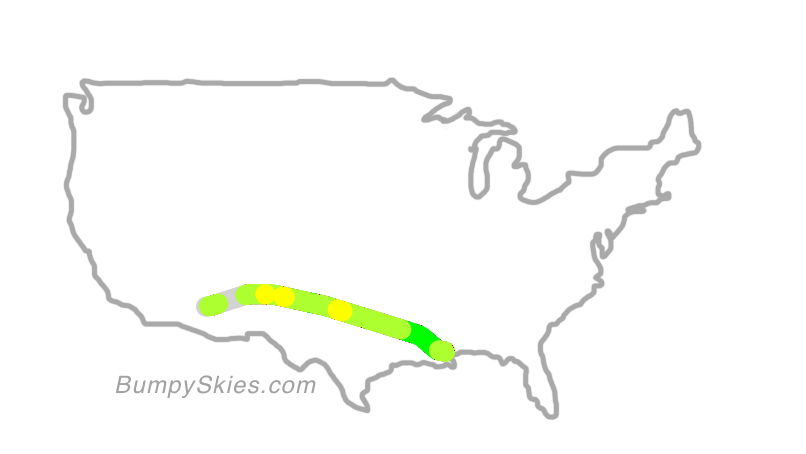 Map of continental US with illustrated flight path and turbulence forecast (described in text below)