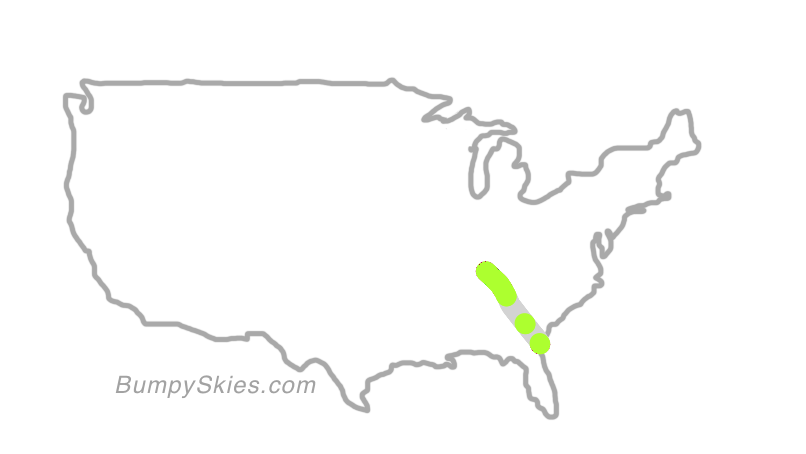 Map of continental US with illustrated flight path and turbulence forecast (described in text below)