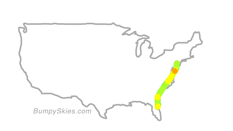 Map of continental US with illustrated flight path and turbulence forecast (described in text below)