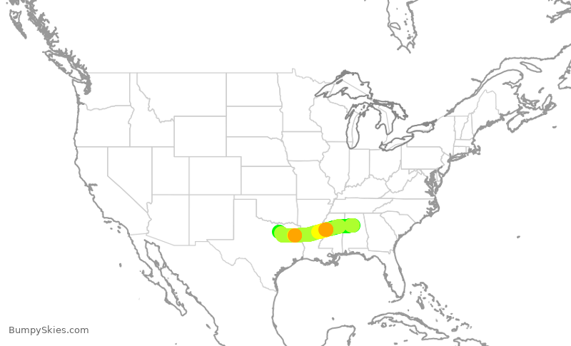 Turbulence forecast map for SWA2069, BHM to DAL