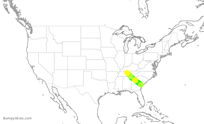 Turbulence forecast map for SWA2076, SAV to BNA