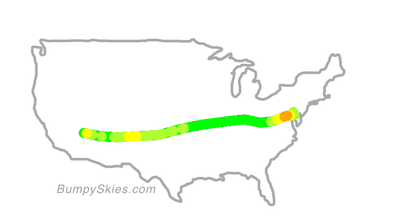 Map of continental US with illustrated flight path and turbulence forecast (described in text below)