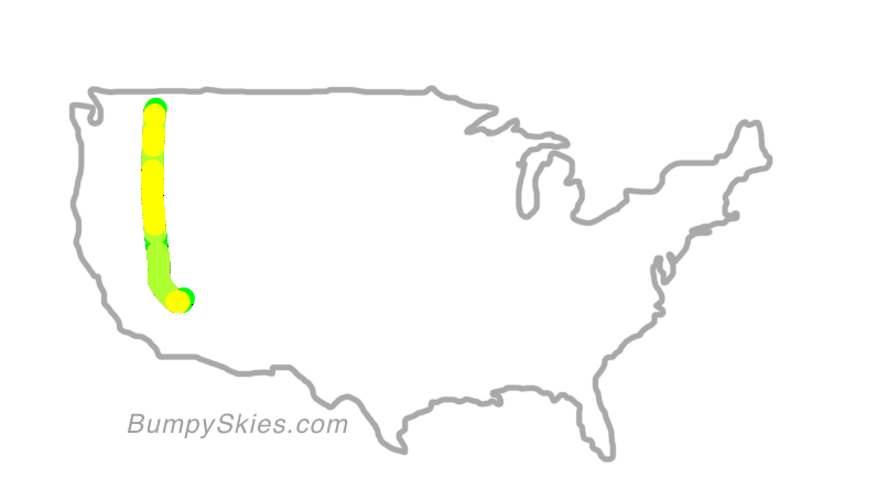 Map of continental US with illustrated flight path and turbulence forecast (described in text below)