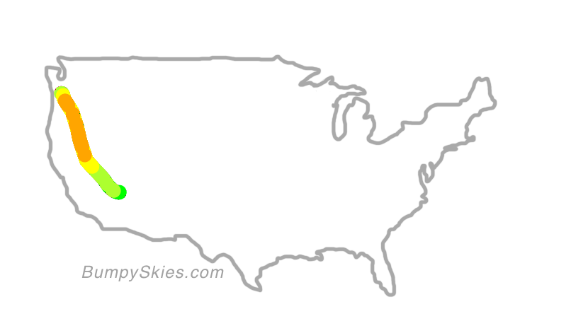 Map of continental US with illustrated flight path and turbulence forecast (described in text below)