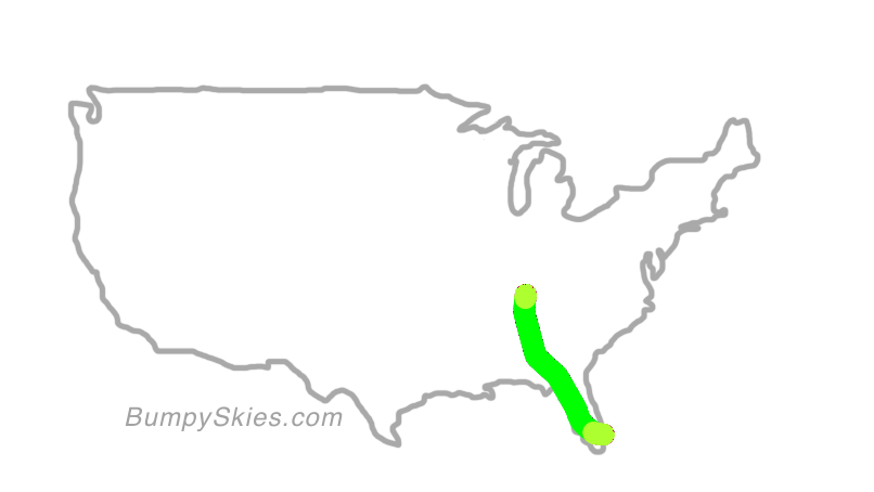 Map of continental US with illustrated flight path and turbulence forecast (described in text below)