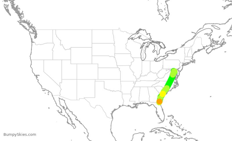 Turbulence forecast map for SWA2096, JAX to BWI