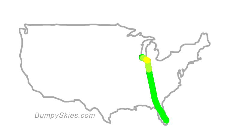 Map of continental US with illustrated flight path and turbulence forecast (described in text below)