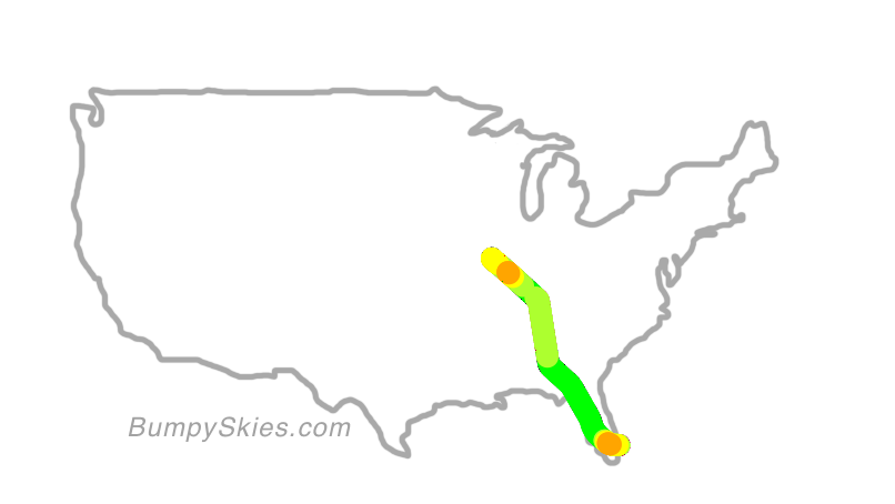 Map of continental US with illustrated flight path and turbulence forecast (described in text below)
