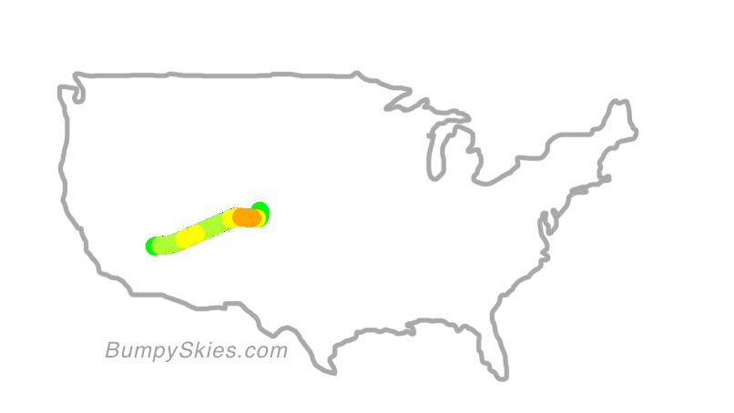 Map of continental US with illustrated flight path and turbulence forecast (described in text below)