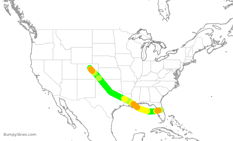 Turbulence forecast map for SWA2108, MCO to DEN