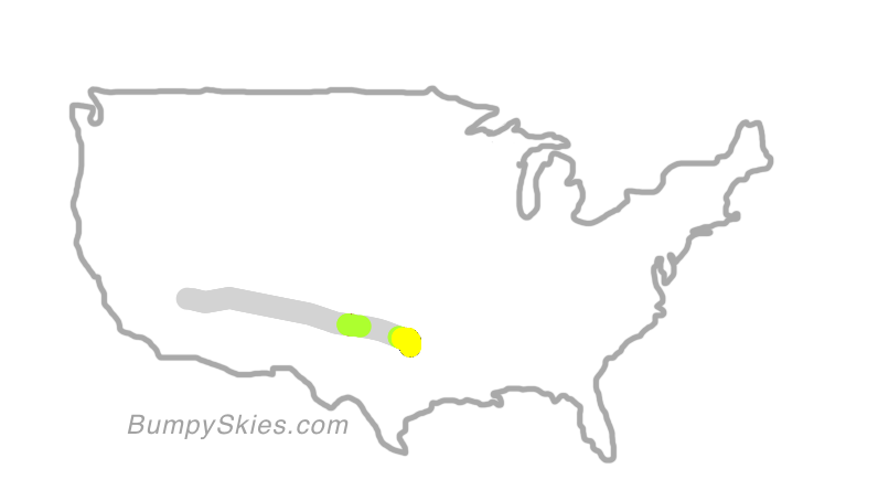 Map of continental US with illustrated flight path and turbulence forecast (described in text below)