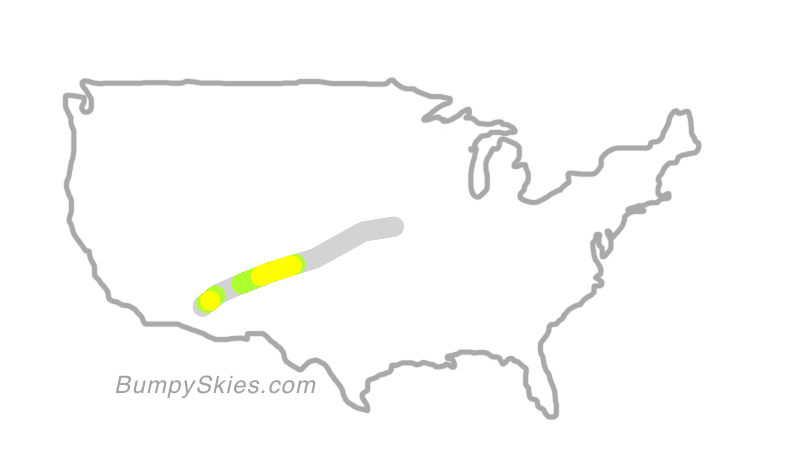 Map of continental US with illustrated flight path and turbulence forecast (described in text below)