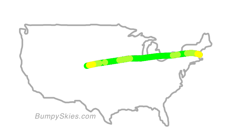 Map of continental US with illustrated flight path and turbulence forecast (described in text below)