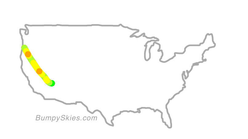 Map of continental US with illustrated flight path and turbulence forecast (described in text below)