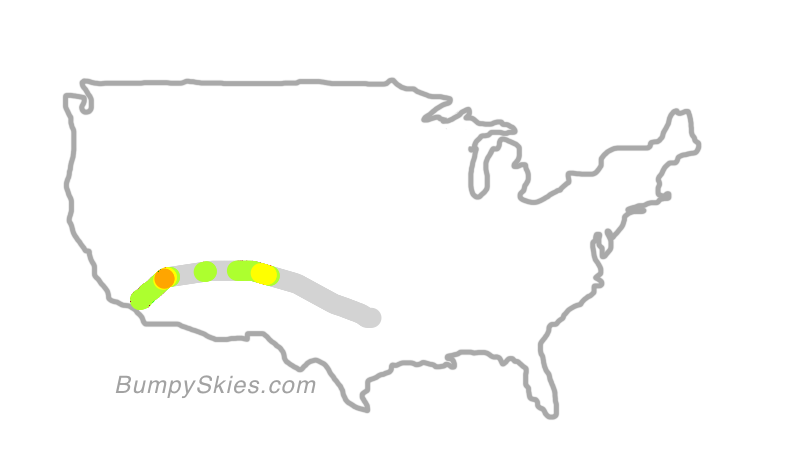 Map of continental US with illustrated flight path and turbulence forecast (described in text below)