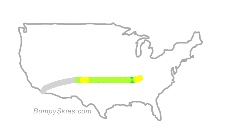 Map of continental US with illustrated flight path and turbulence forecast (described in text below)