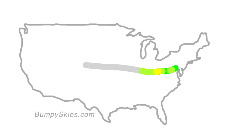 Map of continental US with illustrated flight path and turbulence forecast (described in text below)