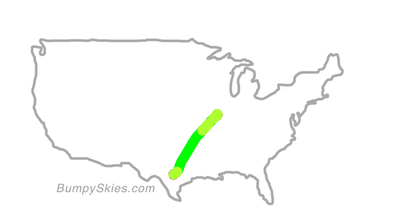 Map of continental US with illustrated flight path and turbulence forecast (described in text below)