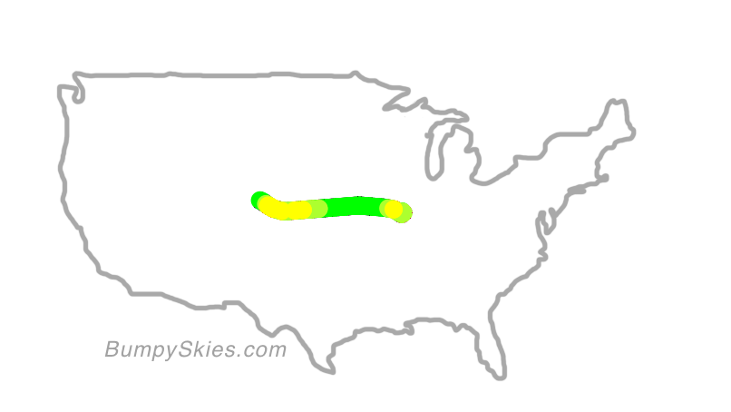 Map of continental US with illustrated flight path and turbulence forecast (described in text below)