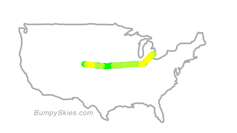 Map of continental US with illustrated flight path and turbulence forecast (described in text below)