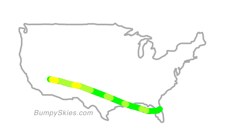Map of continental US with illustrated flight path and turbulence forecast (described in text below)