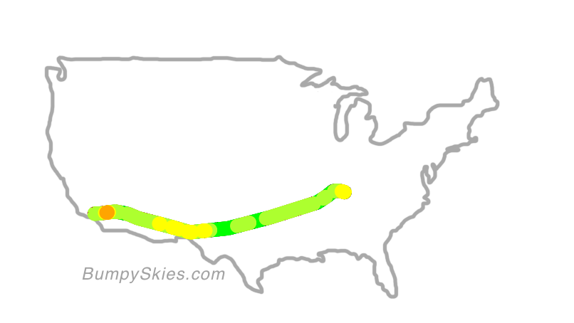 Map of continental US with illustrated flight path and turbulence forecast (described in text below)