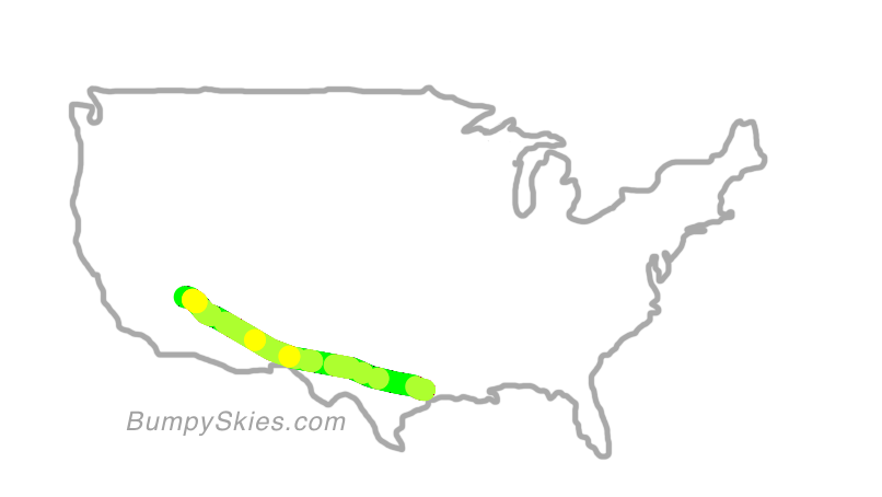 Map of continental US with illustrated flight path and turbulence forecast (described in text below)