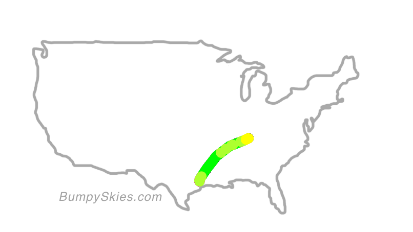 Map of continental US with illustrated flight path and turbulence forecast (described in text below)