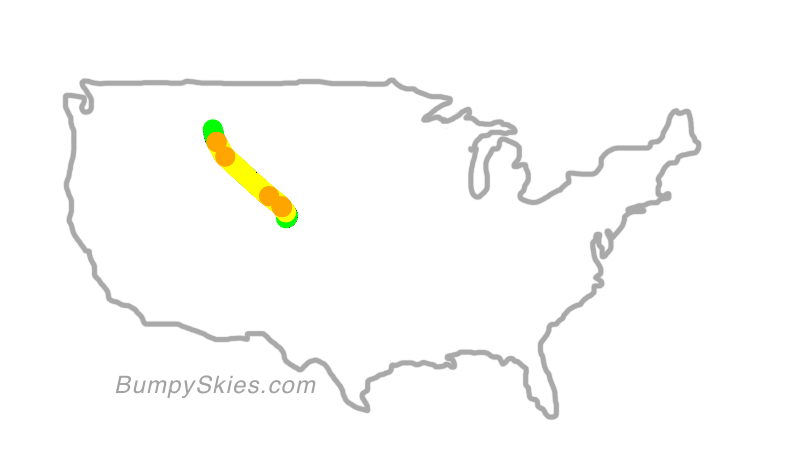 Map of continental US with illustrated flight path and turbulence forecast (described in text below)