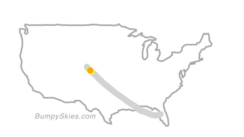 Map of continental US with illustrated flight path and turbulence forecast (described in text below)