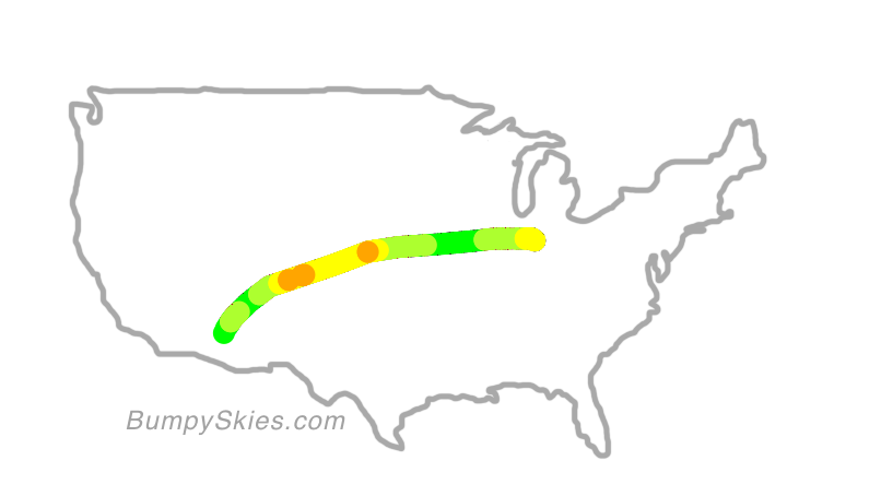 Map of continental US with illustrated flight path and turbulence forecast (described in text below)