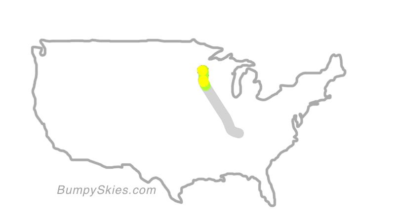 Map of continental US with illustrated flight path and turbulence forecast (described in text below)