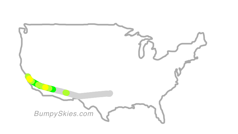 Map of continental US with illustrated flight path and turbulence forecast (described in text below)