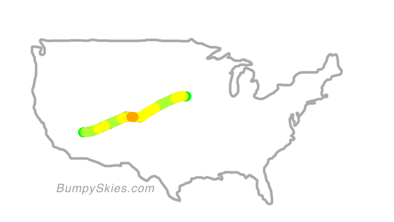 Map of continental US with illustrated flight path and turbulence forecast (described in text below)