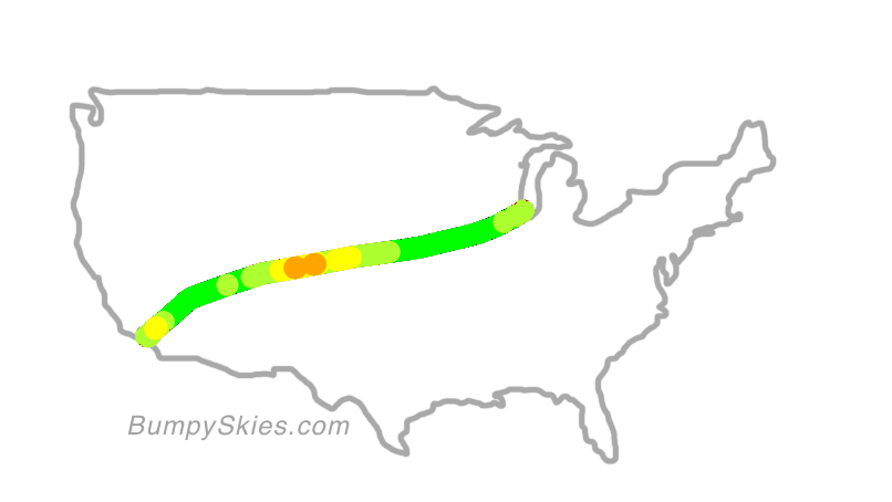 Map of continental US with illustrated flight path and turbulence forecast (described in text below)