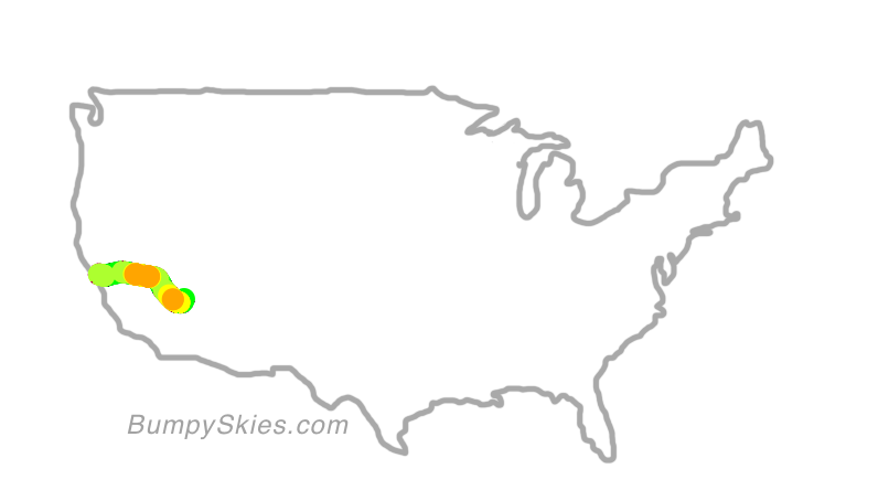 Map of continental US with illustrated flight path and turbulence forecast (described in text below)