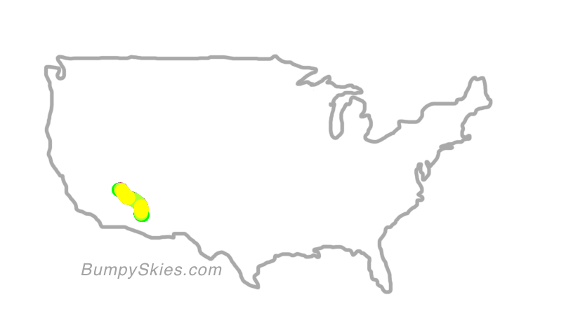 Map of continental US with illustrated flight path and turbulence forecast (described in text below)