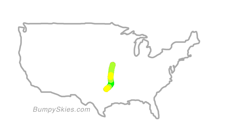 Map of continental US with illustrated flight path and turbulence forecast (described in text below)