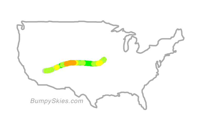 Map of continental US with illustrated flight path and turbulence forecast (described in text below)
