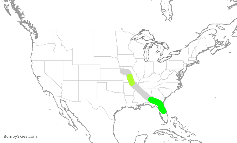 Turbulence forecast map for SWA2209, MCI to MCO