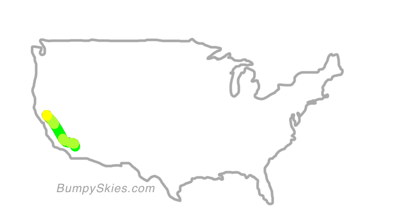 Map of continental US with illustrated flight path and turbulence forecast (described in text below)