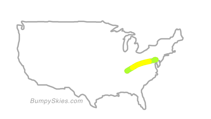 Map of continental US with illustrated flight path and turbulence forecast (described in text below)