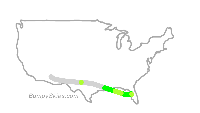 Map of continental US with illustrated flight path and turbulence forecast (described in text below)