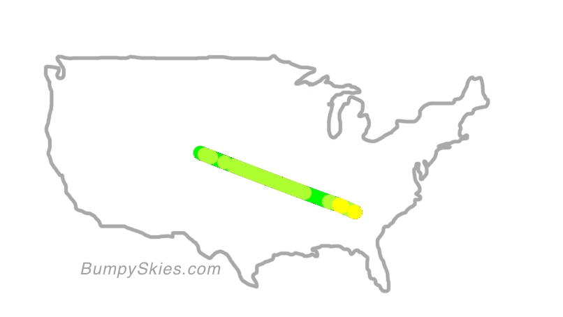 Map of continental US with illustrated flight path and turbulence forecast (described in text below)