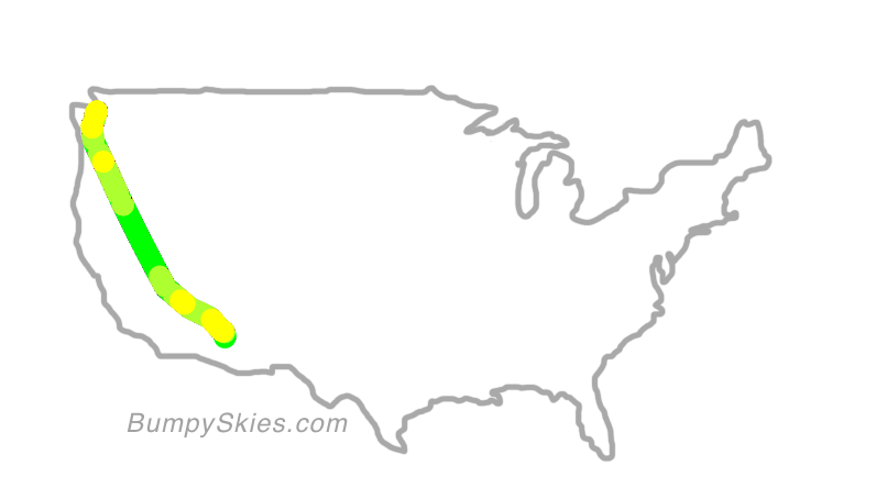 Map of continental US with illustrated flight path and turbulence forecast (described in text below)